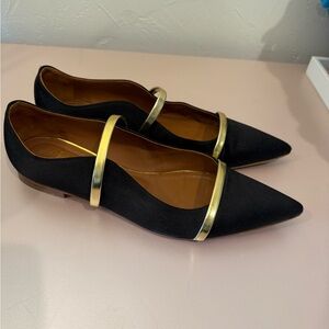 Malone Souliers Black and Gold Flats with Double Strap Design